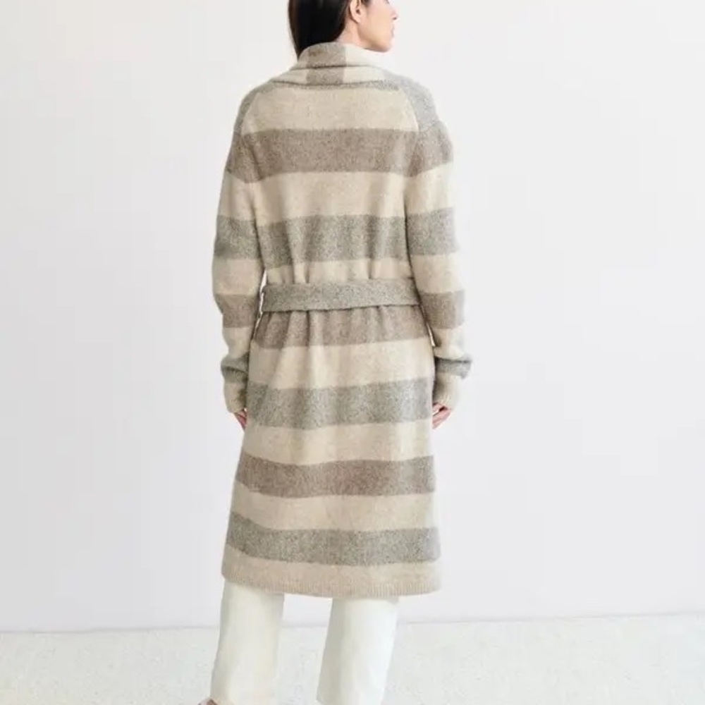 Jenni Kayne Belted Sweater Coat Cardigan Womens XS Wool Long Striped Pockets - Picture 3 of 16